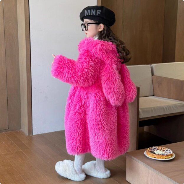 秋冬款女童毛毛外套宝宝仿皮草大衣中长款毛绒可爱小兔子款家居服