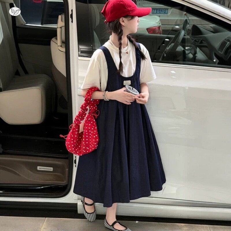 女童牛仔背带裙套装2026夏款中大童休闲半袖T恤背心裙长裙大裙摆