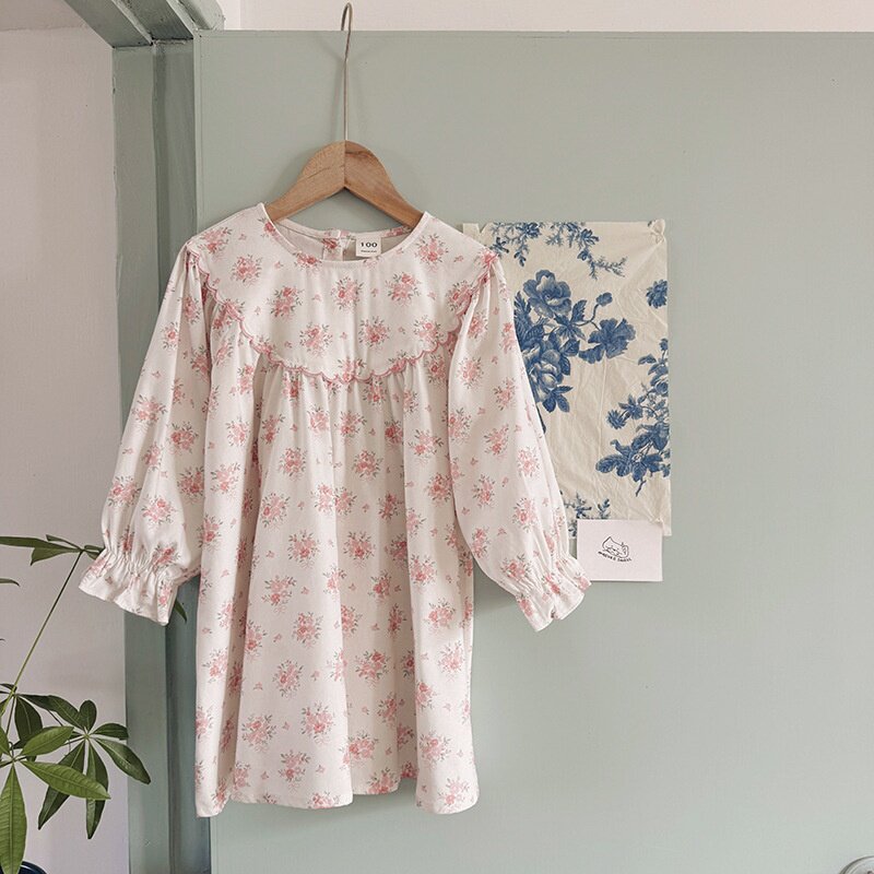 宝宝法式复古印花女童连衣裙2026春款韩版童装洋气棉布长袖儿童裙