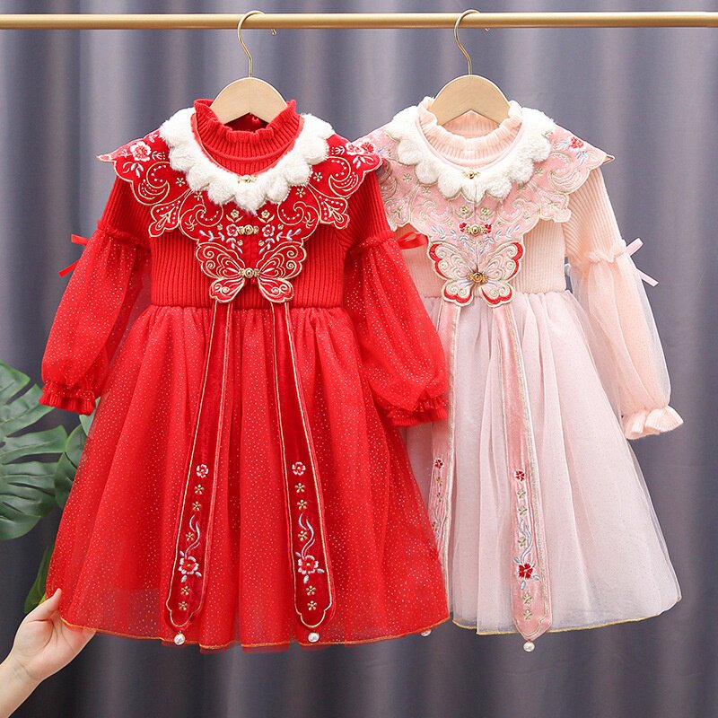 女童新年装公主裙秋冬洋气新款儿童过年衣服中大童喜庆红色连衣裙