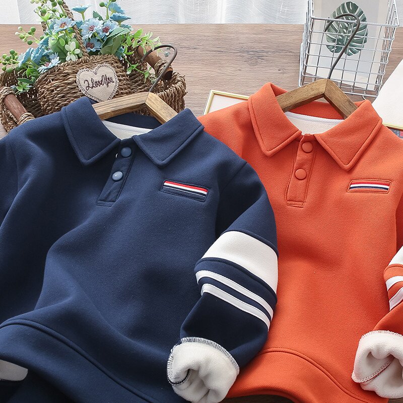 男童polo衫卫衣外套秋冬季加绒加厚儿童翻领中大童洋气休闲上衣