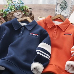 男童polo衫卫衣外套秋冬季加绒加厚儿童翻领中大童洋气休闲上衣