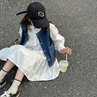 女童套装2026春秋季新款中大童韩版洋气牛仔马甲连衣裙两件套