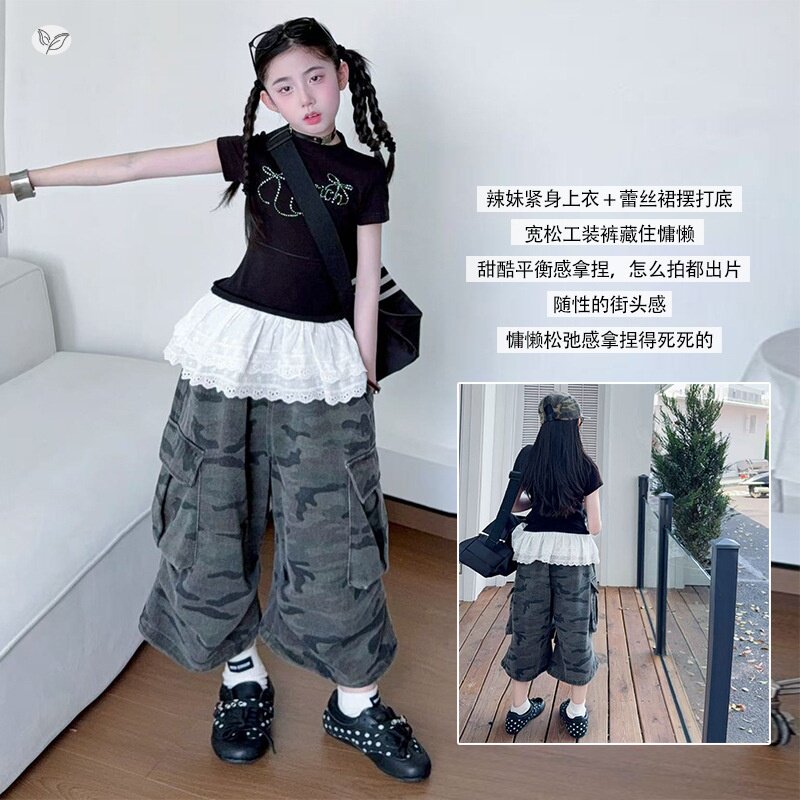 女童烫钻花边T恤迷彩工装裤套装2026夏季新款中大童美式修身短袖