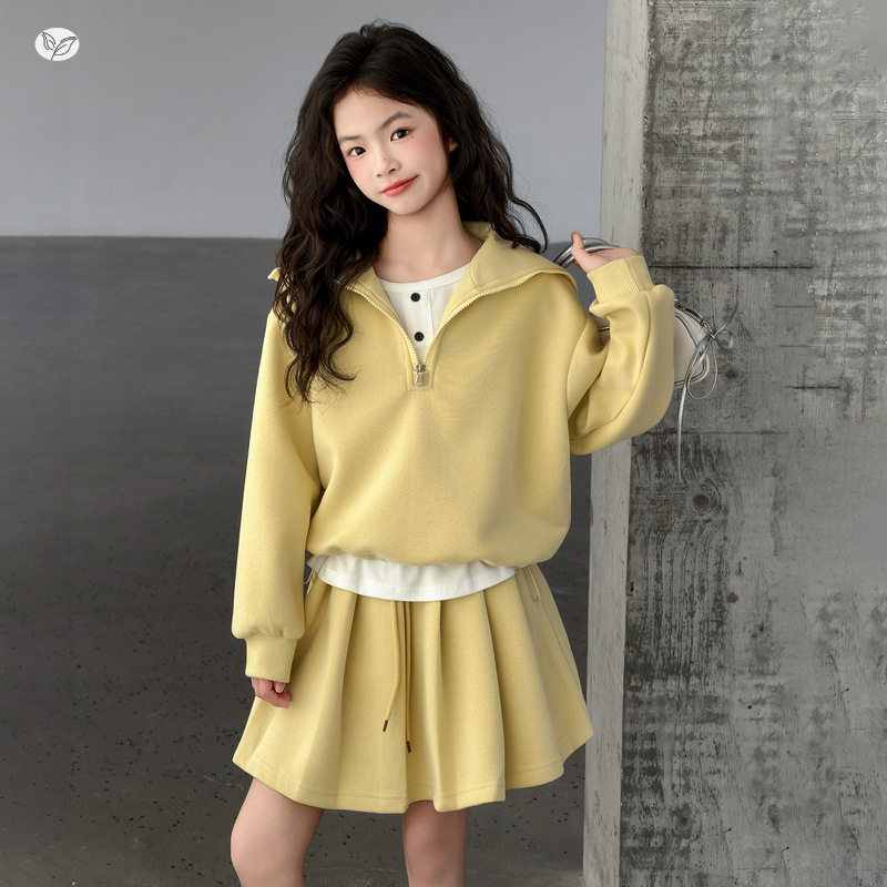 女童套装春秋2026新款韩系假两件卫衣百褶裙两件中大童学院风春装