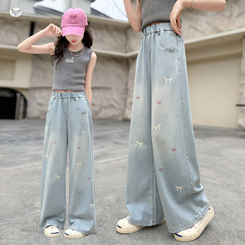 女童蝴蝶结绣花牛仔裤2026夏季新款中大童窄版阔腿裤直筒裤防蚊裤