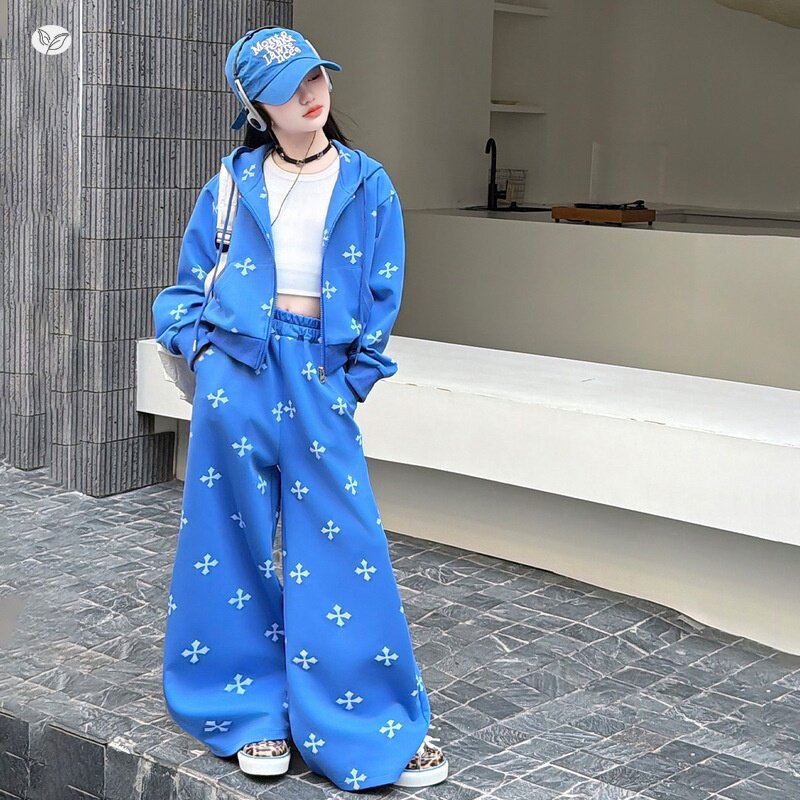 女童休闲运动服套装2026年春季新款中大童满印短款卫衣外套阔腿裤
