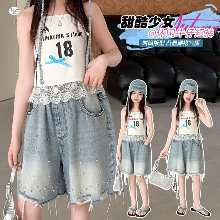 女童夏季新款订珍珠牛仔短裤中大童韩版宽松破洞磨白小学生裤子潮