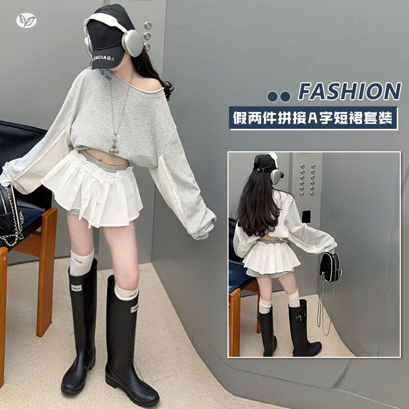 美式斜肩卫衣套装女童2026年春季新款中大童拼色上衣双层裙裤春夏