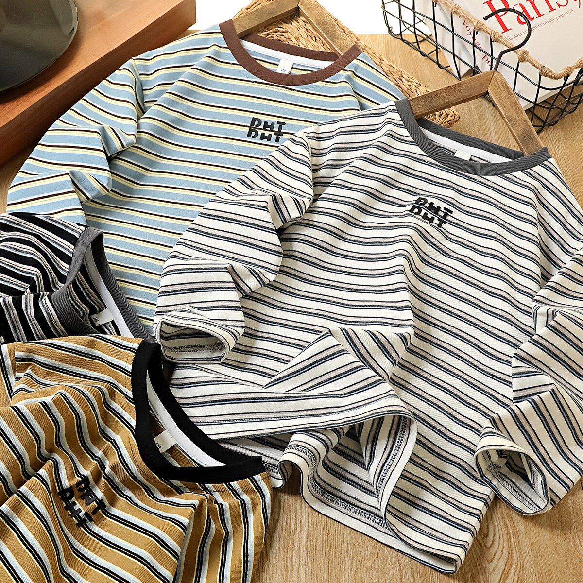 童装男童条纹T恤长袖圆领上衣春秋韩版中大童洋气打底衫潮青少年