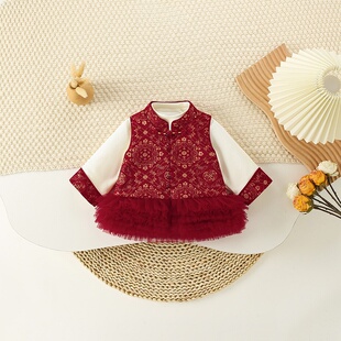 春季新款童装女童套装甜美可爱宝宝唐装上衣喜庆中国风新年衣服