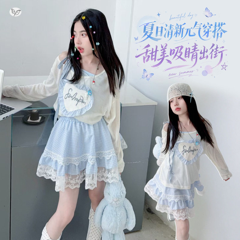女童洛丽塔夏装2026新款中大童吊带长袖罩衫蕾丝花边格子裙三件套