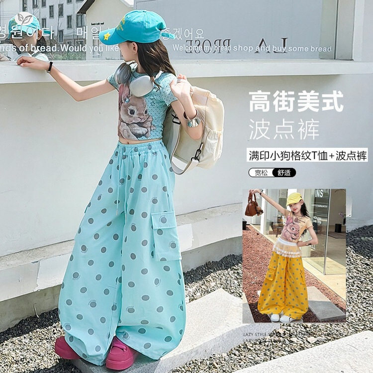 女童2026夏季新款辣妹多巴胺波点中大童T恤工装裤两件套套装潮流