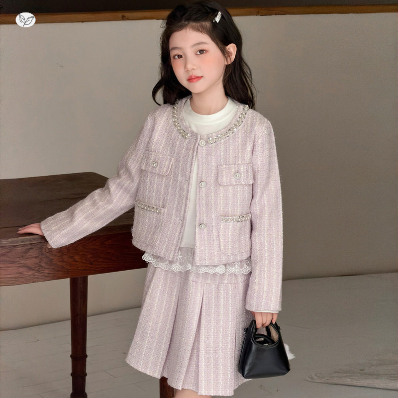 女童春装小香风2026年新款中大童蕾丝花边打底衫百褶裙三件套时髦