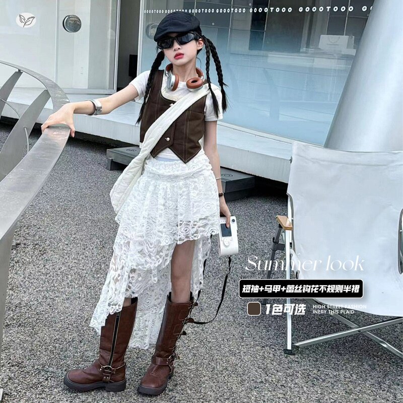 女童2026年夏季当季马甲衬衫白色不规则蕾丝下摆半身裙叠穿中大童