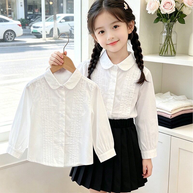 女童长袖衬衫2026秋季新款儿童纯棉学院风娃娃衫女孩白色校服上衣