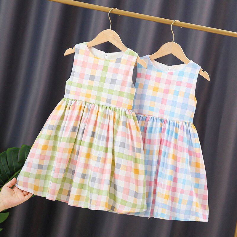 夏装新款女童裙子小童无袖公主背心裙夏季洋气连衣裙女宝宝格子裙