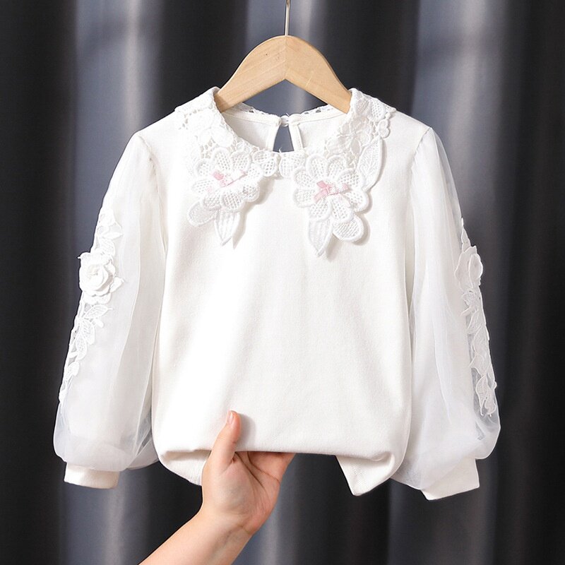 女童上衣春秋长袖纯棉花朵泡泡袖打底衫儿童秋天衣服潮范翻领t恤4