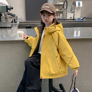 女童冲锋衣外套夹棉加厚秋冬款2025新款儿童冬装风衣女孩黄色休闲