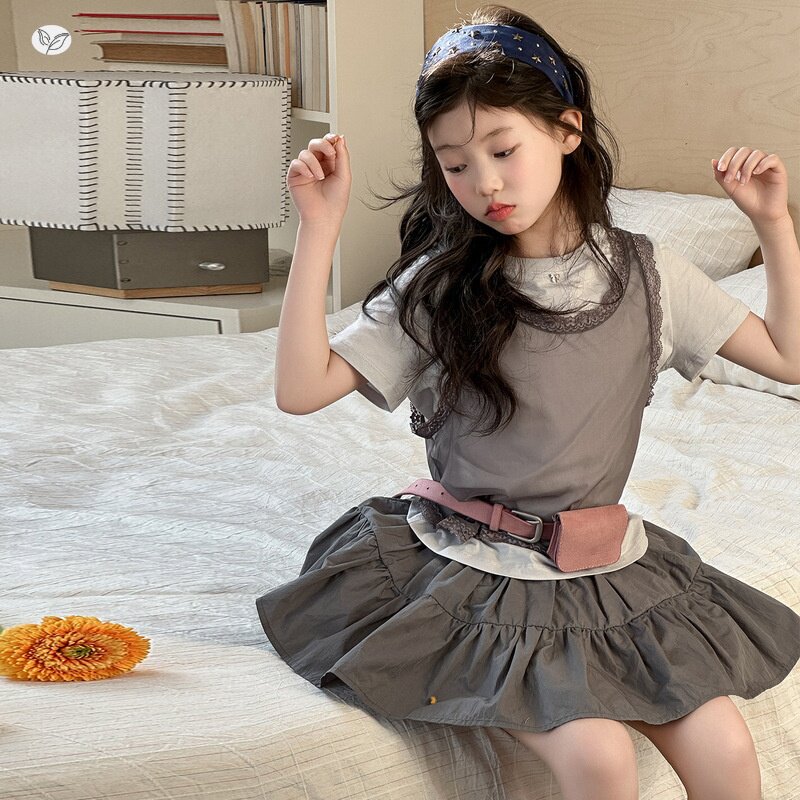 女童2026年夏季新款韩版背心叠穿短袖T恤套装女孩甜美A字花苞短裙