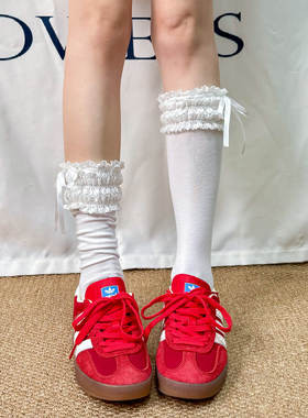 日系花边少女袜子小腿袜防滑丝带蝴蝶结性感jk堆堆袜配小皮鞋