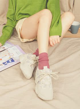 买一送一糖果色袜子女纯棉中筒抽条日系韩版搭配老爹鞋靴潮堆堆袜