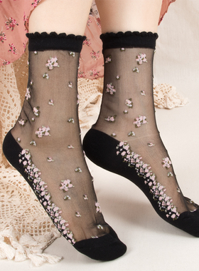 买一送一夏小碎花透明丝袜中筒花边轻薄堆堆袜子女玛丽珍单鞋袜