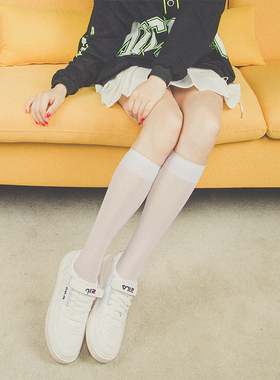 春夏超薄小腿袜子女包芯丝膝盖半截中长筒透明黑白色防勾日系韩国