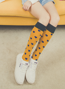 买一送一纯棉爱心堆堆中长筒小腿袜子女及膝盖半截秋冬日系韩国