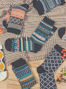 秋冬民族风纯棉双针无骨中长筒靴袜子女ins潮情侣堆堆袜男学院风