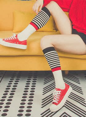 买一送一小腿袜横条纹长高筒运动黑白纯棉日系韩国及膝盖学院风
