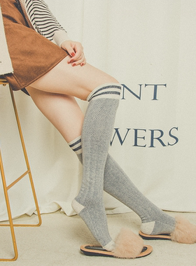 秋冬日韩性感长筒过膝盖小腿袜子女全棉硅胶波浪二条杠微压力瘦腿