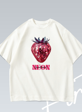 霓虹甜心美式潮流落肩水洗印花原创藏不住T恤男女百搭宽松短袖