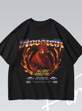 愤怒公鸡vintage落肩水洗美式个性潮流印花重磅T恤男女宽松短袖