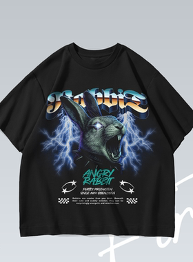 愤怒兔子vintage落肩水洗美式个性潮流印花重磅T恤男女宽松短袖