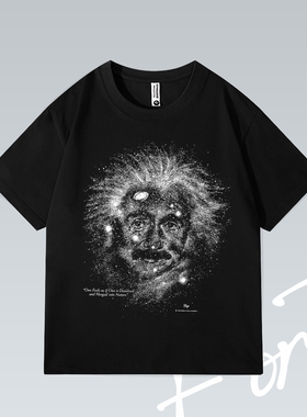 爱因斯坦宇宙 Vintage 比伯同款做旧落肩印花重磅T恤男女宽松短袖