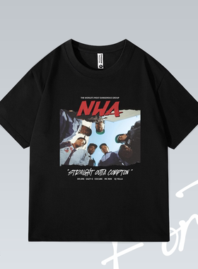 Fortee 冲出康普顿 NWA说唱水洗做旧落肩印花重磅T恤男女宽松短袖