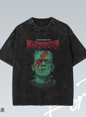 Fortee 鲍伊肯斯坦美式街头水洗落肩潮流印花重磅T恤男女宽松短袖