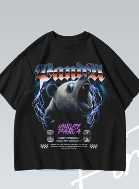 愤怒熊猫vintage落肩水洗美式个性潮流印花重磅T恤男女宽松短袖