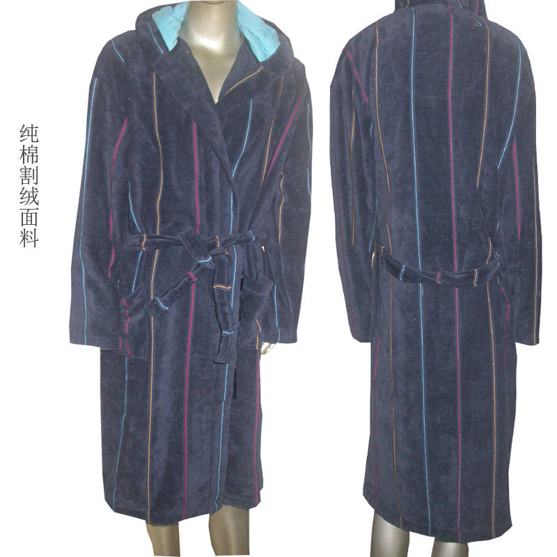 出口浴袍男冬厚加厚纯棉洗澡男士性感冬天带帽毛巾料长款割绒浴衣