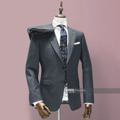 深灰窗格纹纯羊毛量身定做西装 伴郎爸 男结婚面试修身 西服套装 西裤