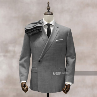 280g120s四季 浅灰色纯羊毛英国进口双排一粒扣宽叠量圆角下摆定制