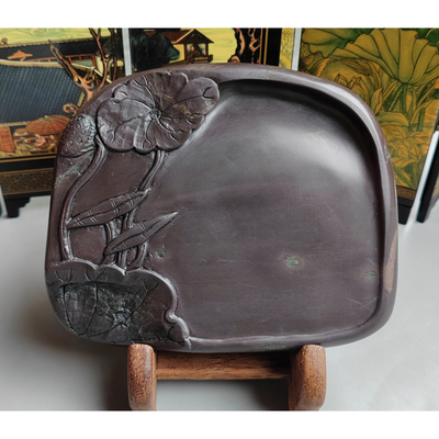 手工雕端砚台 麻子坑《荷塘清幽》端砚台 14x12x2cm