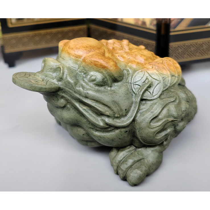手工雕端砚台特价 绿端《金蟾聚财》端石风水摆件 12.8x7.6x6.2cm