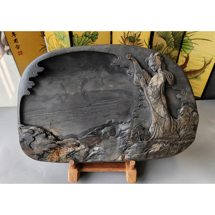 梁伟明大师作品 手工雕刻 端溪坑《琵琶仙子》端砚台 29x19x4cm