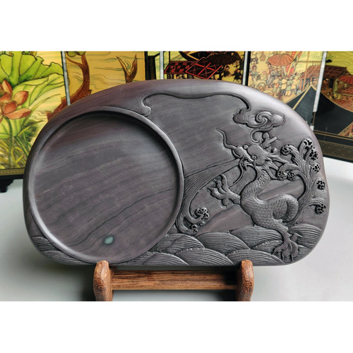 手工雕端砚台 宋坑《龙腾旭日》端砚台 22x13x2.5cm