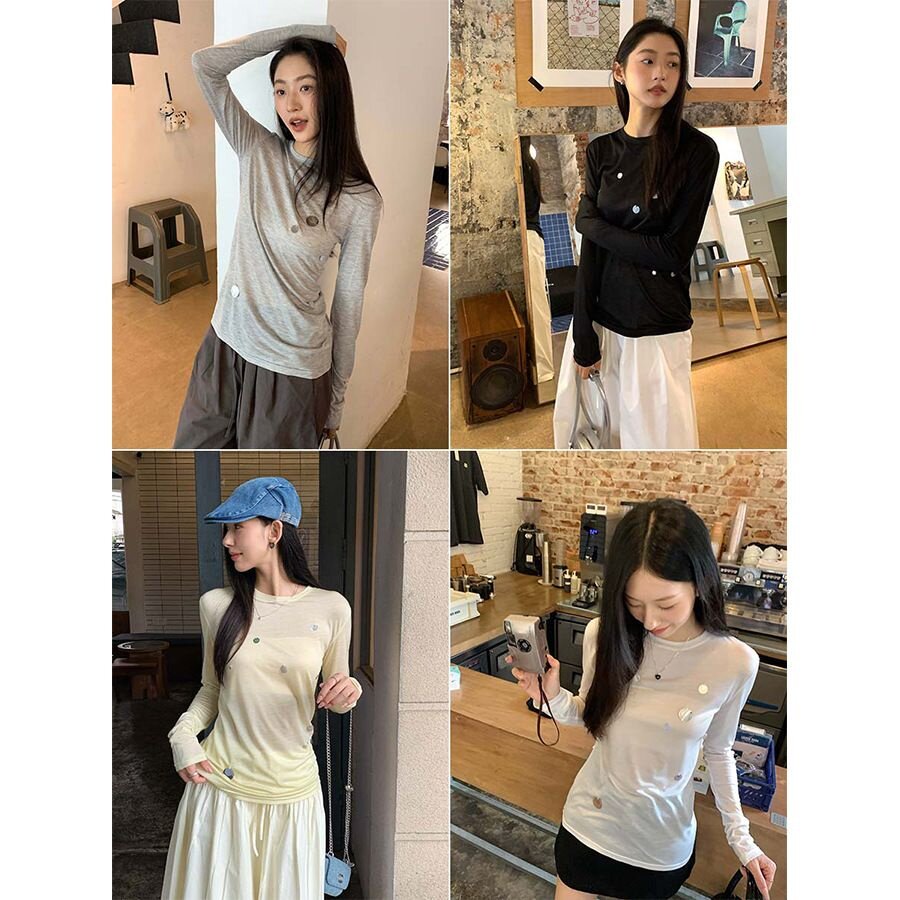 【现货】慵懒风闪闪微透长袖T恤女春秋薄款修身显瘦打底上衣767