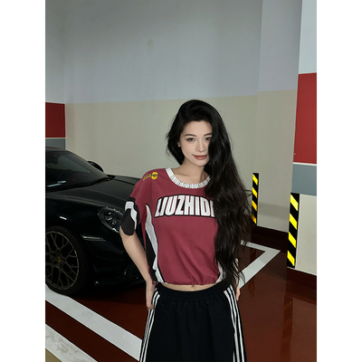 六指导 甜酷轰炸机 圆领撞色拼接字母印花宽松短袖T恤休闲上衣夏