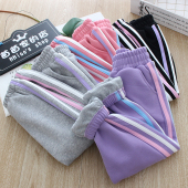 秋冬款 女童棉内衬双层运动裤 侧条夹裤 宝宝加厚卫裤 儿童弹力休闲裤