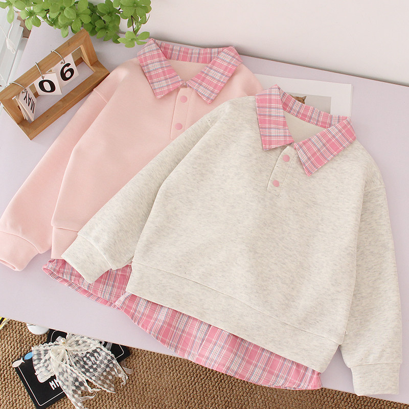 女童洋气假两件卫衣2026春款中大童百搭长袖上衣儿童翻领格子衬衫